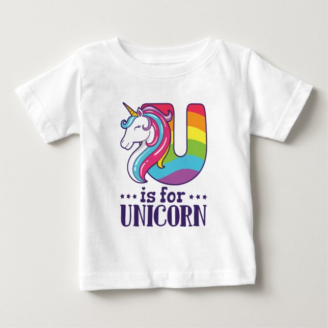 Camiseta Para Bebê U é para Unicorn Alphabet (Frente)