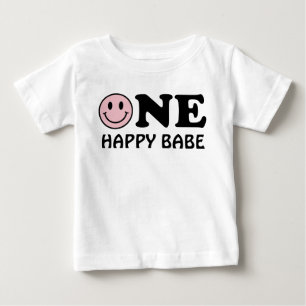 Camiseta Para Bebê Um Bebê Feliz   Primeiro Aniversário Sorriso Rosa 