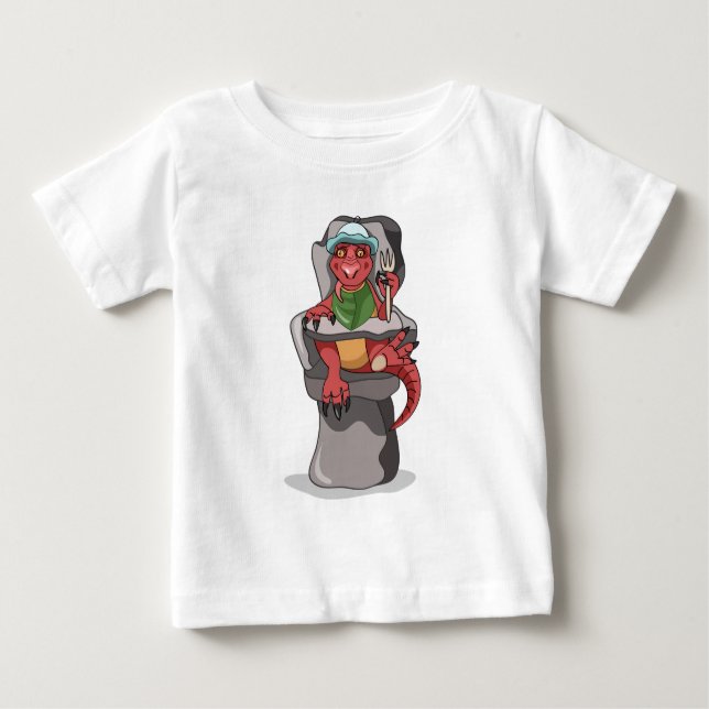 Camiseta Para Bebê Um Bebê Tyrannosaurus Rex Sentado Numa Cadeira Alt (Frente)