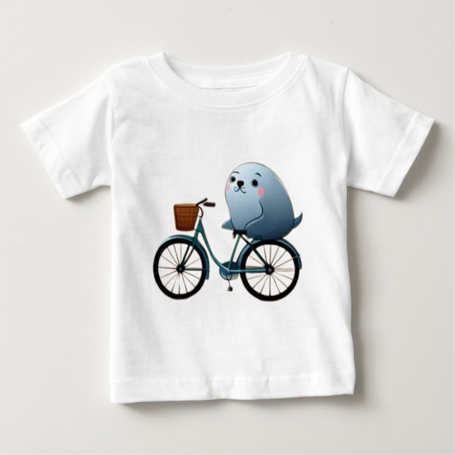 Camiseta Para Bebê Um belo selo de animação em uma bicicleta (Frente)
