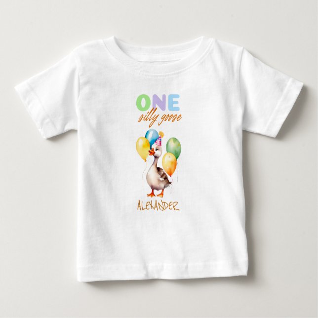 Camiseta Para Bebê Um Bobo primeiro aniversario Goose Boy Convidado d (Frente)