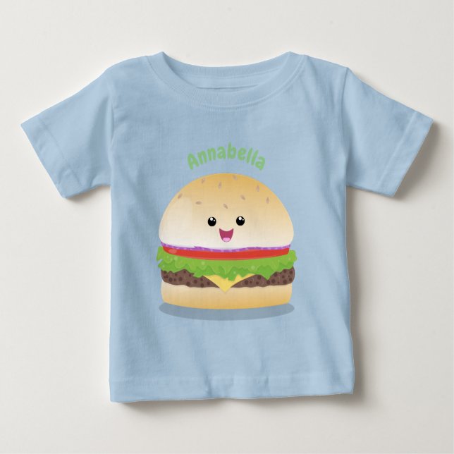 Camiseta Para Bebê Um bonito e feliz desenho animado do hambúrguer ka (Frente)