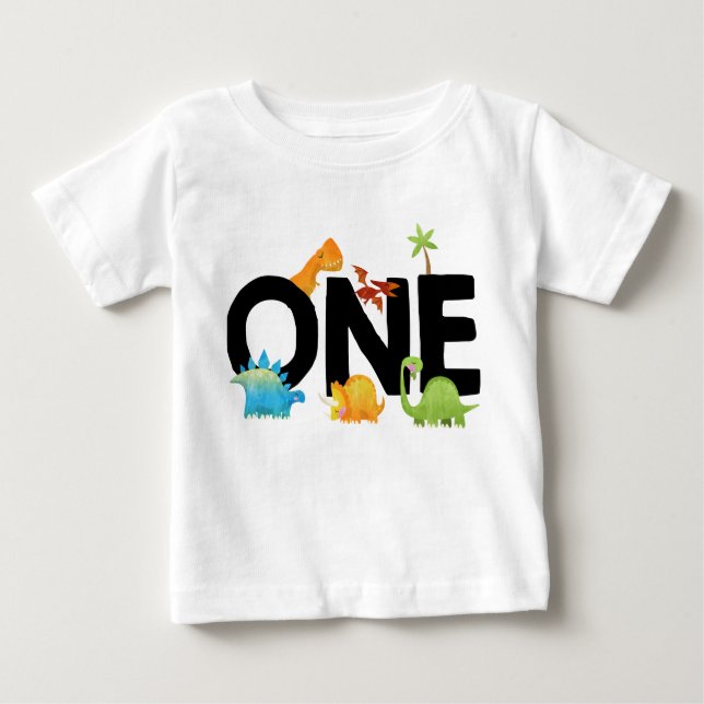 Camiseta Para Bebê Um Dinossauro Primeiro Aniversário T-Rex (Frente)