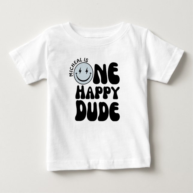 Camiseta Para Bebê Um Feliz Cara Azul Feliz Rapaz Primeiro Aniversári (Frente)