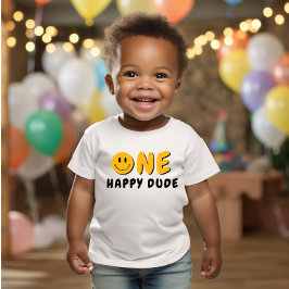 Camiseta Para Bebê Um Feliz primeiro aniversario Laranja Smiley