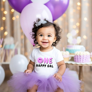 Camiseta Para Bebê Um Feliz primeiro aniversario Roxo Smiley