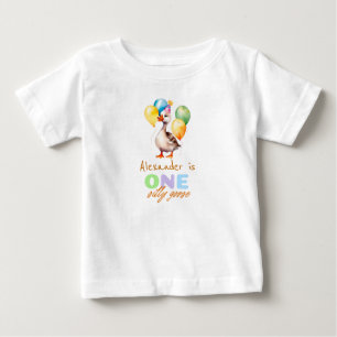 Camiseta Para Bebê Um Ganso Bobo Menino Azul Aniversário de 1 Ano