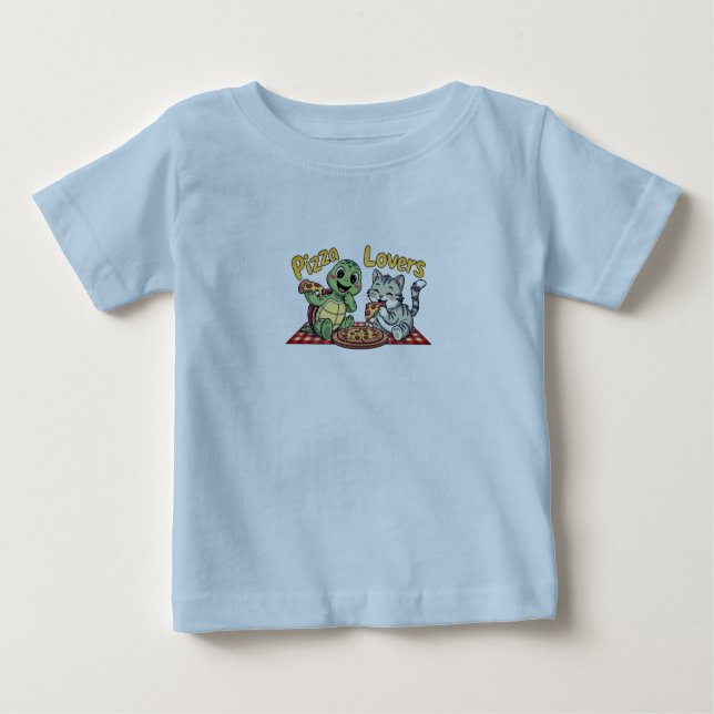 Camiseta Para Bebê Um gato e uma tartaruga gostam de comer pizza (Frente)