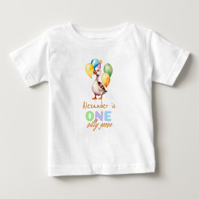 Camiseta Para Bebê Um menino azul ganso bobo 1º aniversário  (Frente)