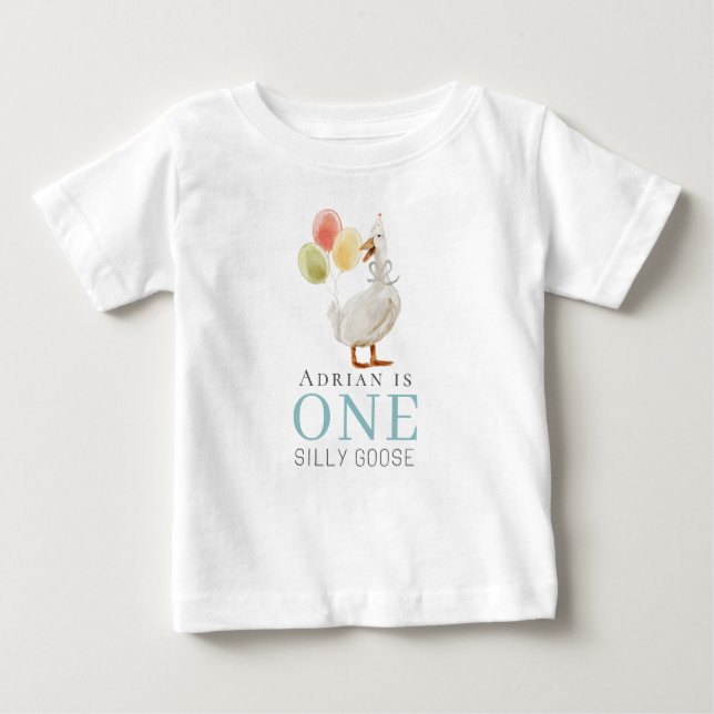 Camiseta Para Bebê Um Menino Ganso Tolo Aniversário de 1 Ano Blue (Frente)