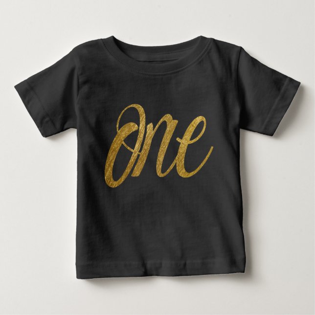 Camiseta Para Bebê Um no Faux Dourado PRIMEIRO Script BIRTHDAY (Frente)