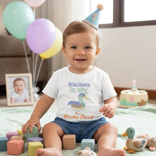 Camiseta Para Bebê Um Pato Sortudo Primeiro Aniversário Pastel