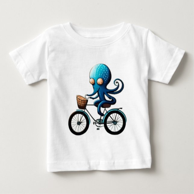 Camiseta Para Bebê Um polvo azul bonito em uma bicicleta (Frente)