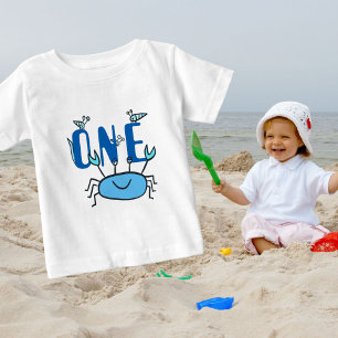 Camiseta Para Bebê Um primeiro aniversario de caranguejo azul