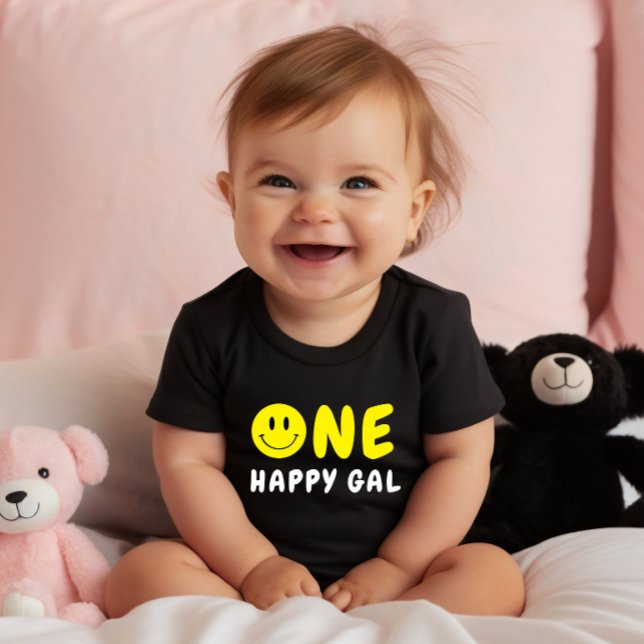 Camiseta Para Bebê Um primeiro aniversario Gal Feliz Amarelo Smiley (Criador carregado)