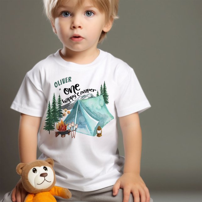 Camiseta Para Bebê Um primeiro aniversario Personalizado de Camper Fe (One happy camper first birthday t-shirt)