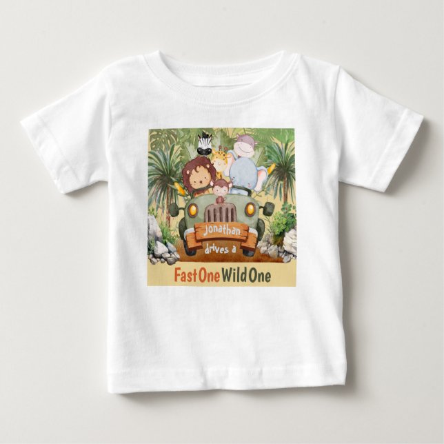 Camiseta Para Bebê Um Rápido Um Selvagem Animais da Savana Carro 1º A (Frente)