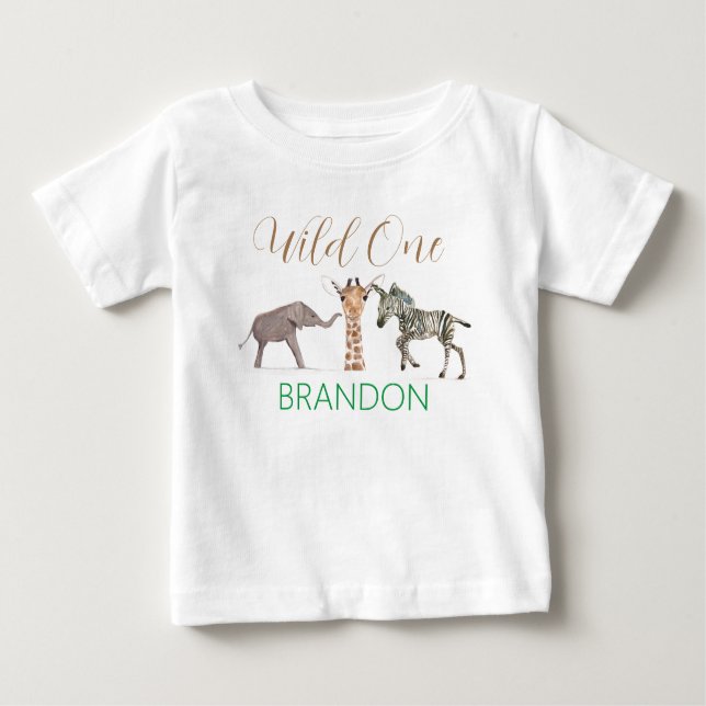 Camiseta Para Bebê Um Safari de Bicho Aniversário de 1 Ano Bebê (Frente)