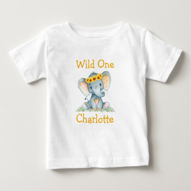 Camiseta Para Bebê Um Selvagem Primeiro Aniversário Girassóis de Elef (Frente)