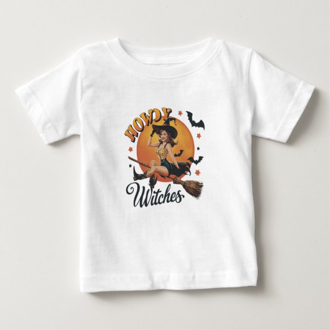 Camiseta Para Bebê Uma bruxa alegre cavalgando uma vassoura (Frente)