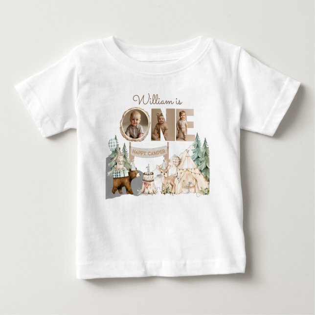 Camiseta Para Bebê Uma Foto de Aniversário de Um Feliz Acampador (Frente)