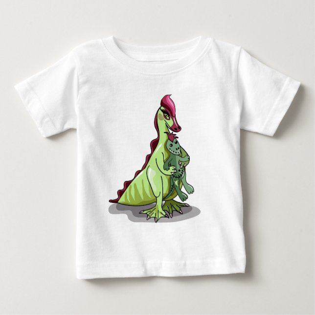 Camiseta Para Bebê Uma Mulher Hadrosaurus Segurando Uma Boneca. (Frente)