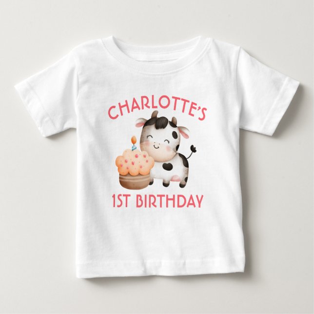 Camiseta Para Bebê Uma Vaca Personalizada Moos Primeiro Aniversário B (Frente)