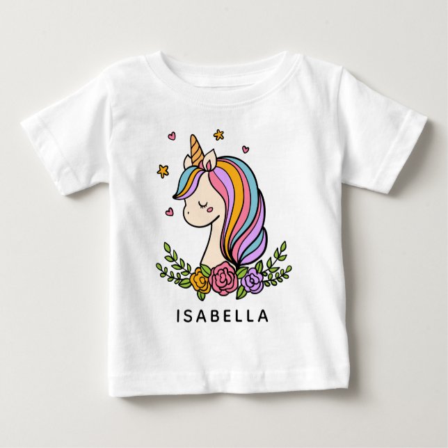 Camiseta Para Bebê Unicorn Cute Whimsical Girly Personalised Name (Frente)