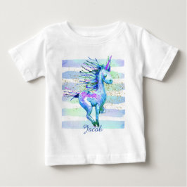 Camiseta Para Bebê Unicorn Magic Watercolor Stripe Blue