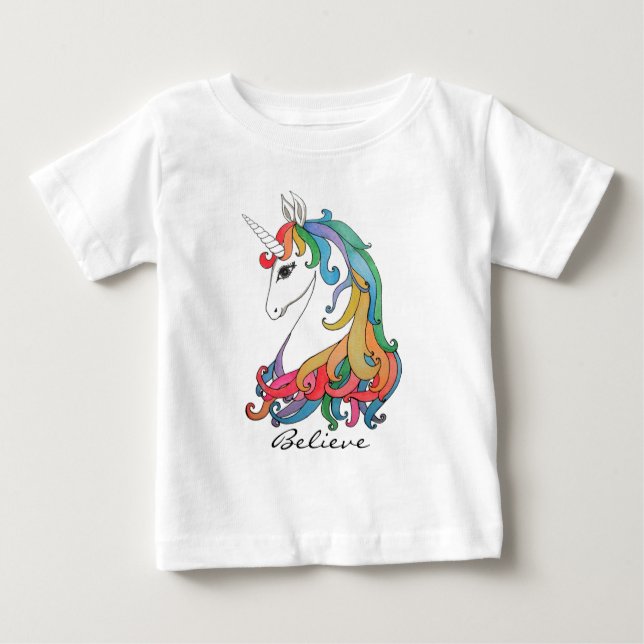 Camiseta Para Bebê unicórnio arco-íris agudo de aquarela (Frente)