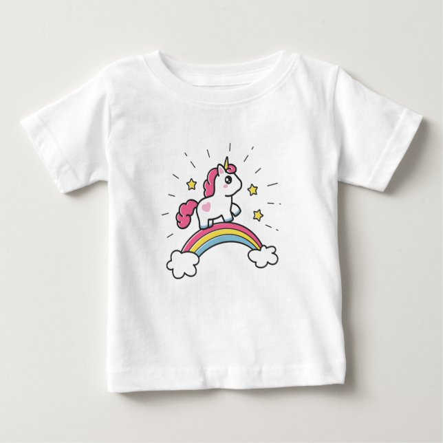 Camiseta Para Bebê Unicórnio Bonito Em Design Arco-Íris (Frente)