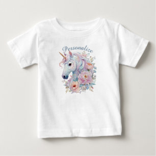Camiseta Para Bebê Unicórnio Caprichoso Nome Personalizado Floral