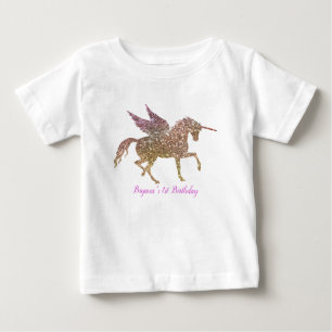 Camiseta Para Bebê Unicórnio de Glitter Dourado Pastel Arco-íris de 1