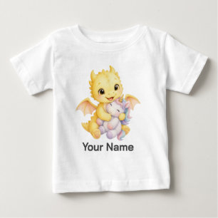 Camiseta Para Bebê Unicórnio Dragão Aquarela Amarela Personalizado