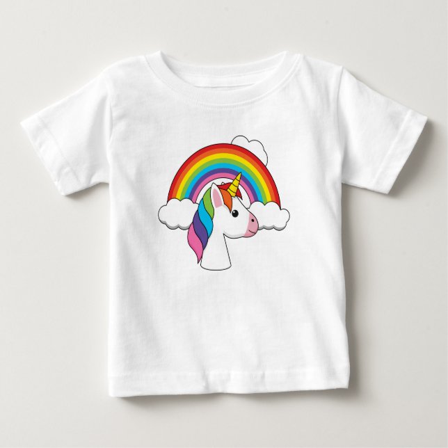 Camiseta Para Bebê Unicórnio e Arco-íris com Nuvens Kawaii (Frente)