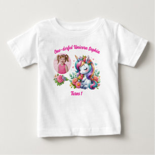 Camiseta Para Bebê Unicórnio Floral Mágico Maravilhoso de 1º Aniversá