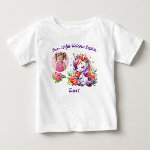 Camiseta Para Bebê Unicórnio Floral Mágico Maravilhoso de 1º Aniversá