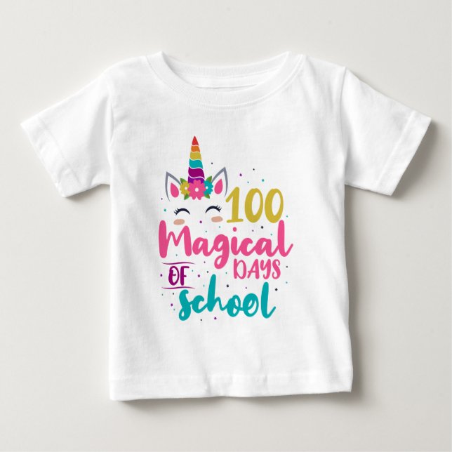 Camiseta Para Bebê Unicórnio Fofo 100 Dias Mágicos De Escola (Frente)