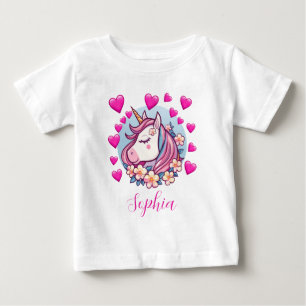 Camiseta Para Bebê Unicórnio Fofo, Corações e Flores Cor-de-Rosa, Nom