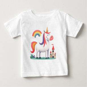 Camiseta Para Bebê Unicórnio Mágico com Castelo e Arco-Íris – Criança