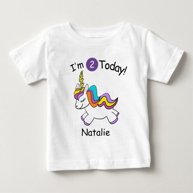 Camiseta Para Bebê Unicórnio Personalizado Aniversário de Dois Anos (Frente)