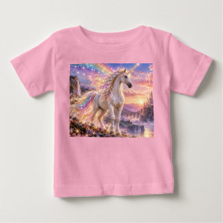 Camiseta Para Bebê Unicórnio Rosa Arco-Íris Encantado 
