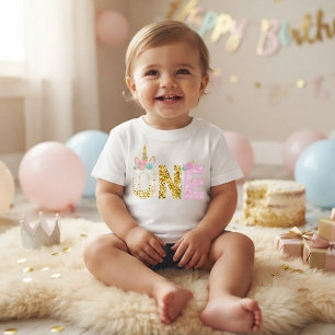 Camiseta Para Bebê Unicórnio Rosa Brilho Dourado 1º Aniversário 