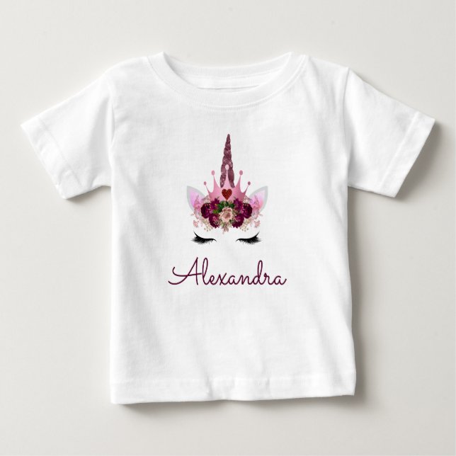 Camiseta Para Bebê Unicórnio Rosa Dourado Monograma 1º Aniversário (Frente)