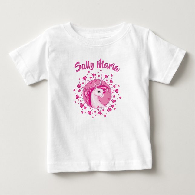Camiseta Para Bebê Unicórnio Rosa E Corações Inicializados (Frente)