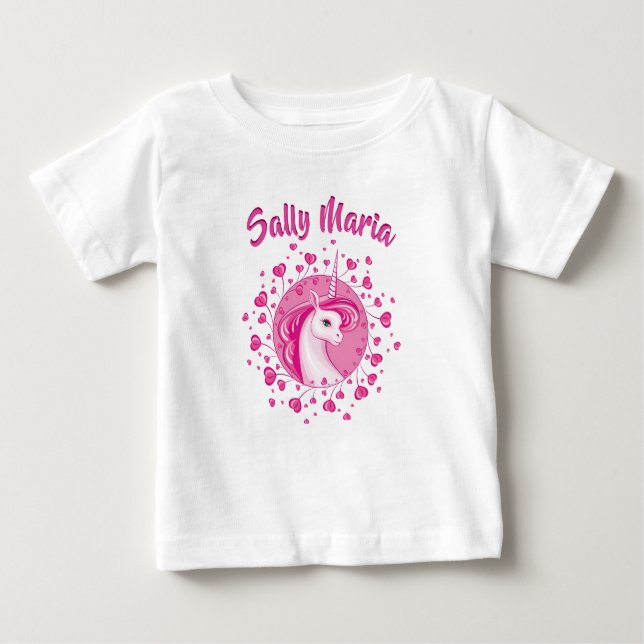 Camiseta Para Bebê Unicórnio Rosa Inicializado E Corações (Frente)