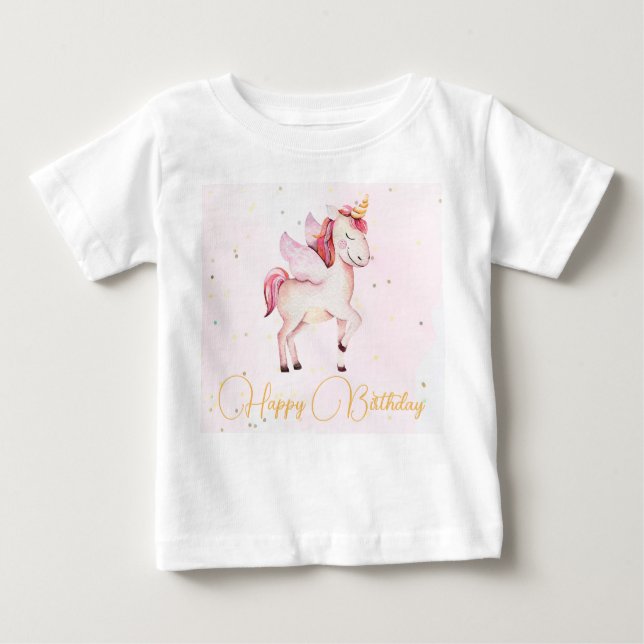 Camiseta Para Bebê Unicórnios Pegasus Aquarela Rosa Aniversário Menin (Frente)