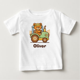 Camiseta Para Bebê Ursa de pelúcia fofa dirigindo trator verde