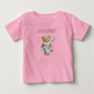 Camiseta Para Bebê Ursa de pelúcia fofa em vestido floral azul