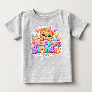 Camiseta Para Bebê Ursa de pelúcia fofa Kawaii Feliz Aniversário Rosa